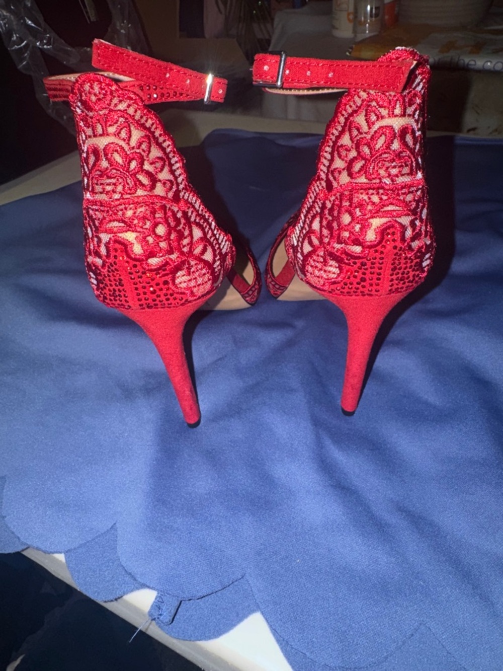 Like new INC International Concepts Red Lace Pointed-Toe Ankle Strap Heels - Picture 8 of 9